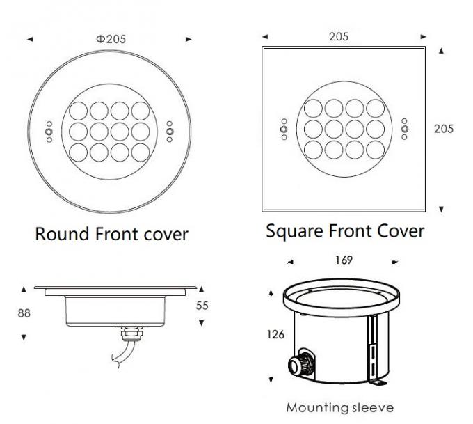 Dimension for round and square front cover 316L stainless steel recessed LED underwater light